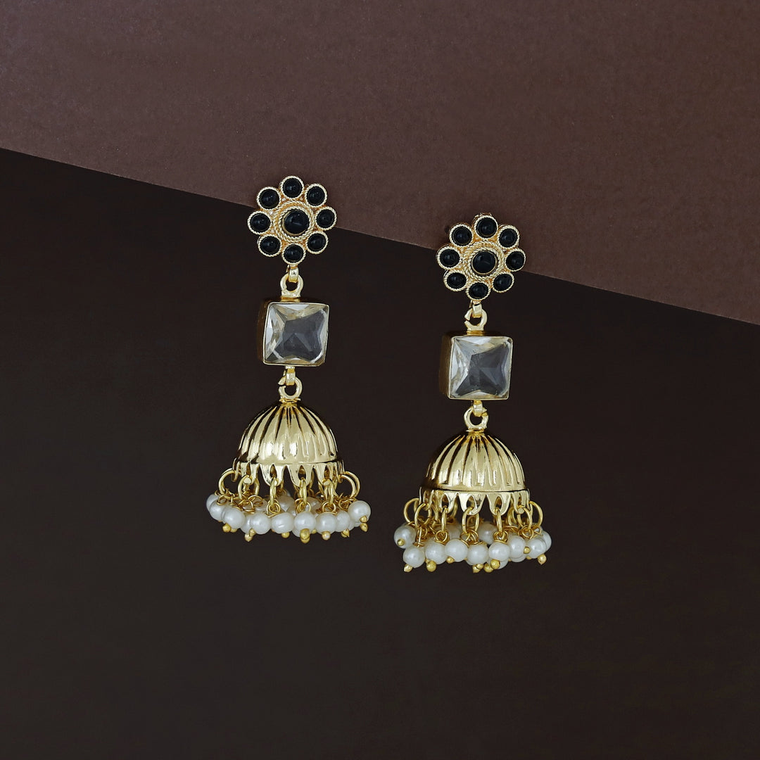 Muktha Golden Floral Glossy Stone Jhumka
