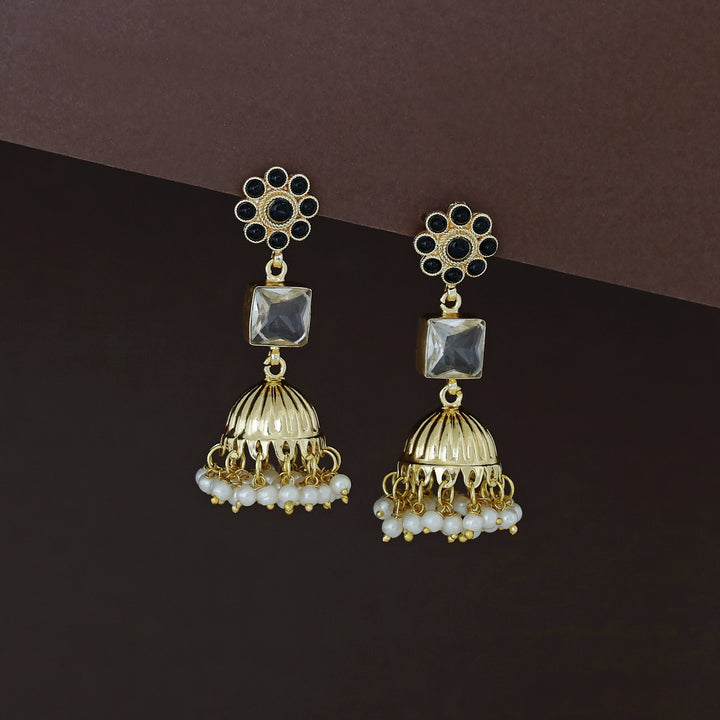 Muktha Golden Floral Glossy Stone Jhumka