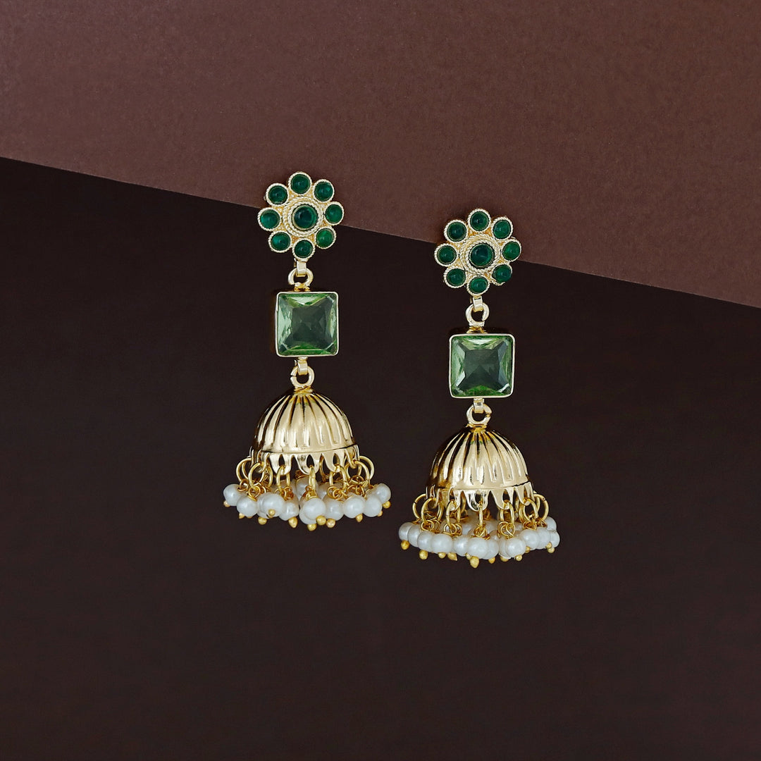 Muktha Golden Floral Glossy Stone Jhumka