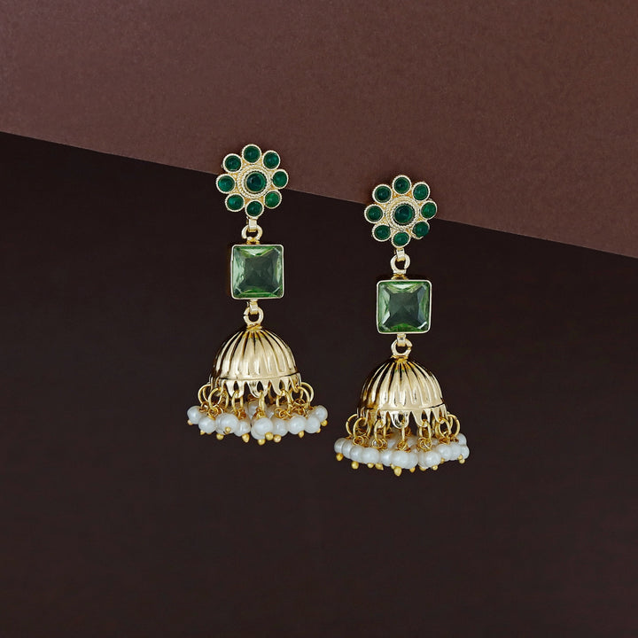 Muktha Golden Floral Glossy Stone Jhumka