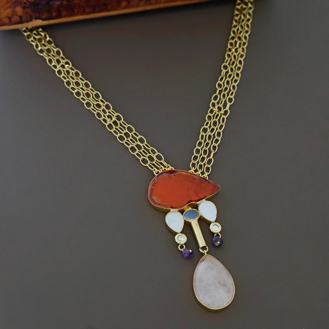 Nixi Agate + Raw Stone Chainy Neckpiece
