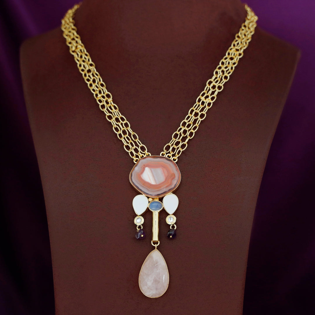 Nixi Agate + Raw Stone Chainy Neckpiece