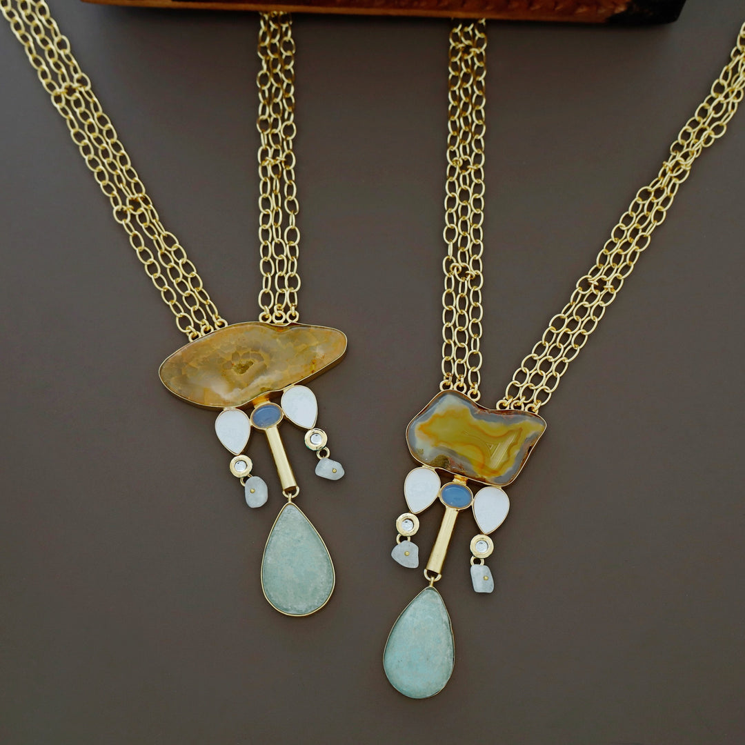 Nixi Agate + Raw Stone Chainy Neckpiece