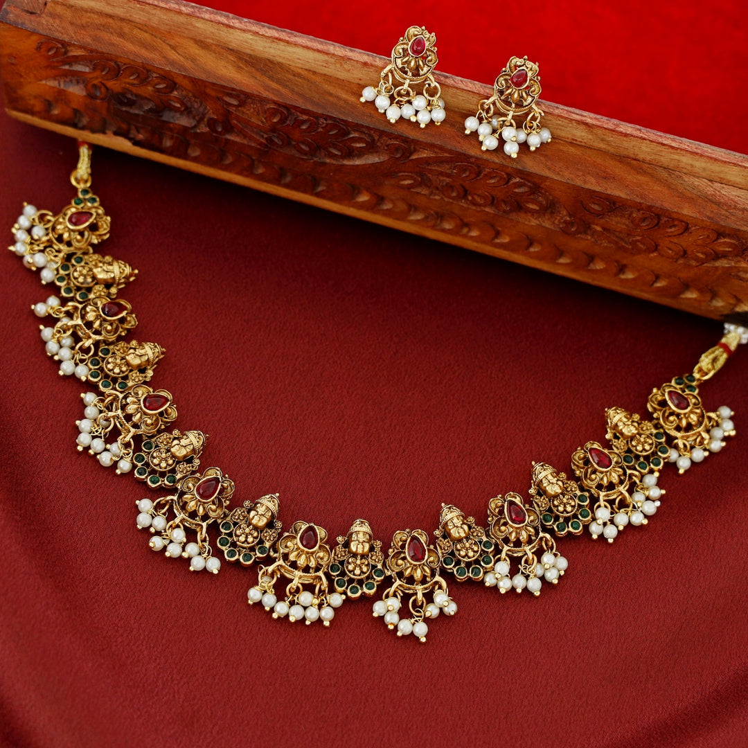 Tirupati Kemp Stone Pearl Short Neckpiece With Earring