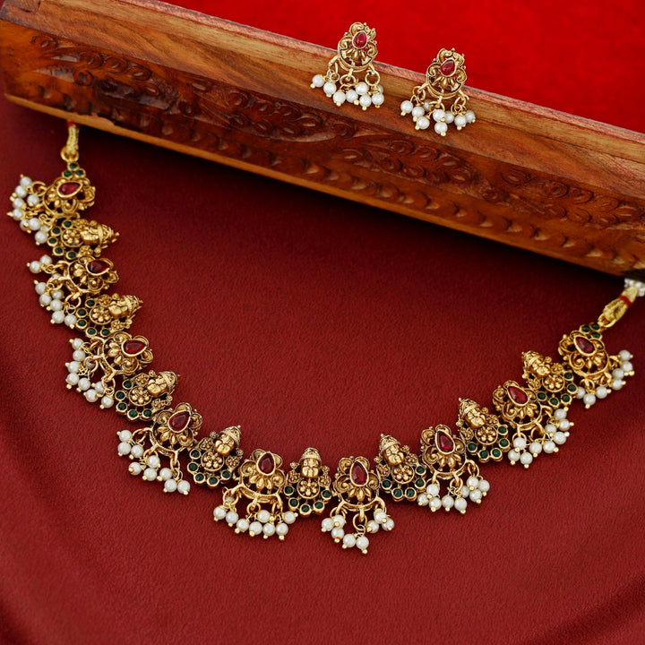 Tirupati Kemp Stone Pearl Short Neckpiece With Earring