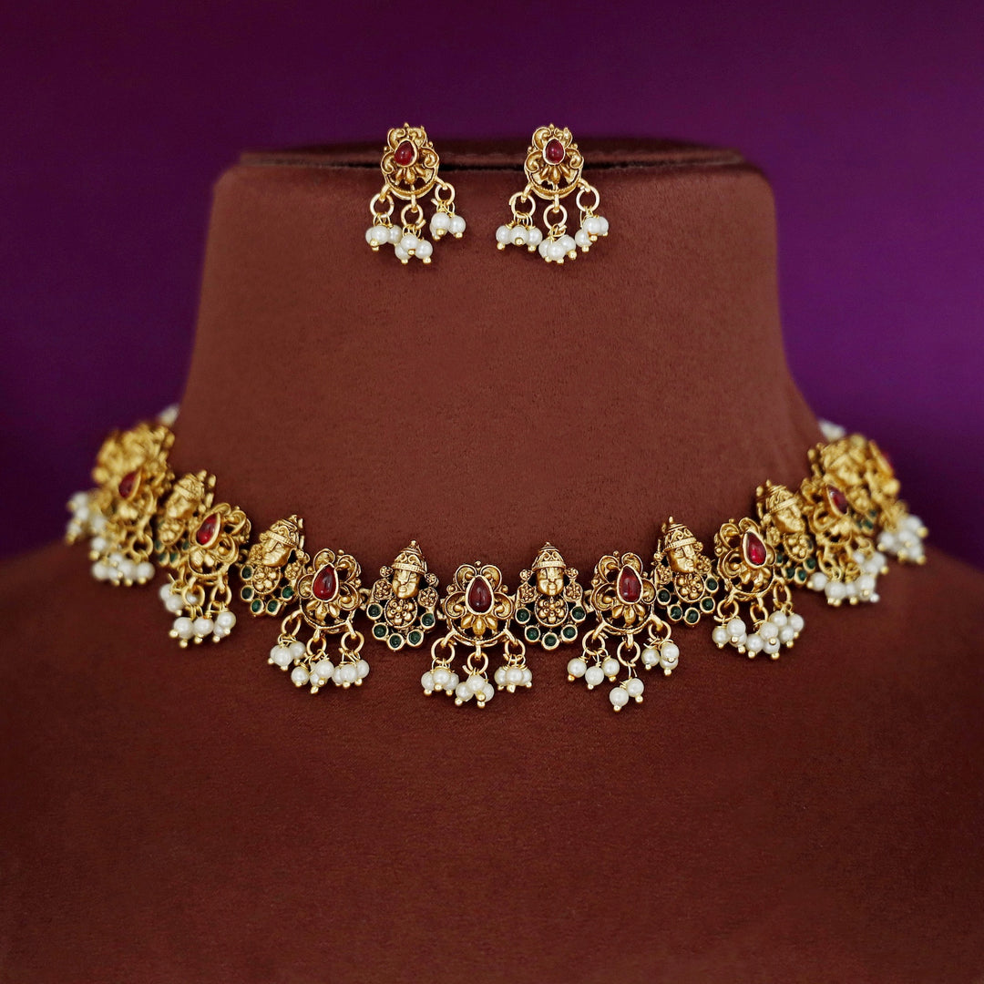 Tirupati Kemp Stone Pearl Short Neckpiece With Earring