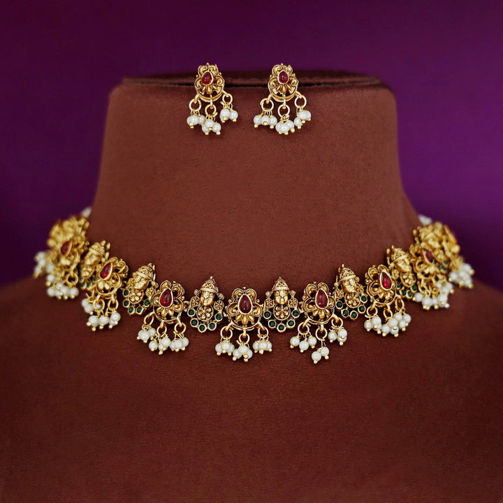 Tirupati Kemp Stone Pearl Short Neckpiece With Earring