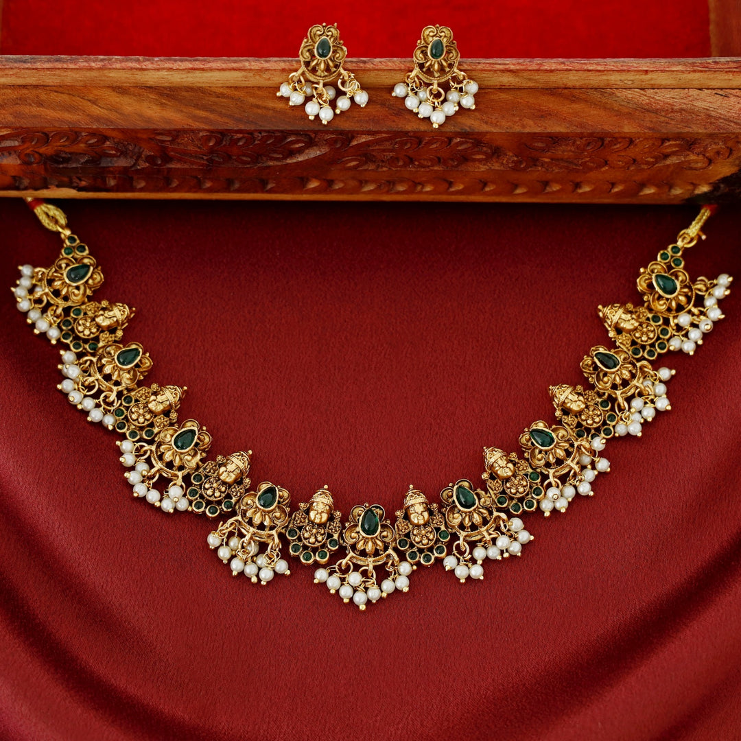 Tirupati Kemp Stone Pearl Short Neckpiece With Earring