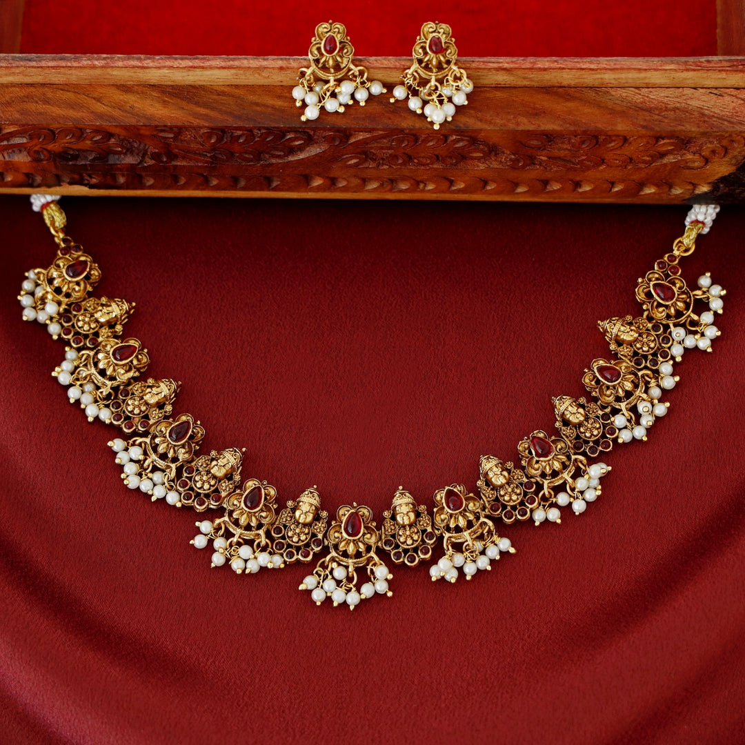 Tirupati Kemp Stone Pearl Short Neckpiece With Earring