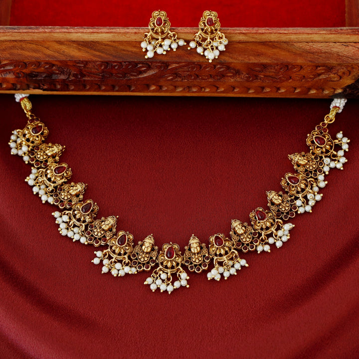 Tirupati Kemp Stone Pearl Short Neckpiece With Earring