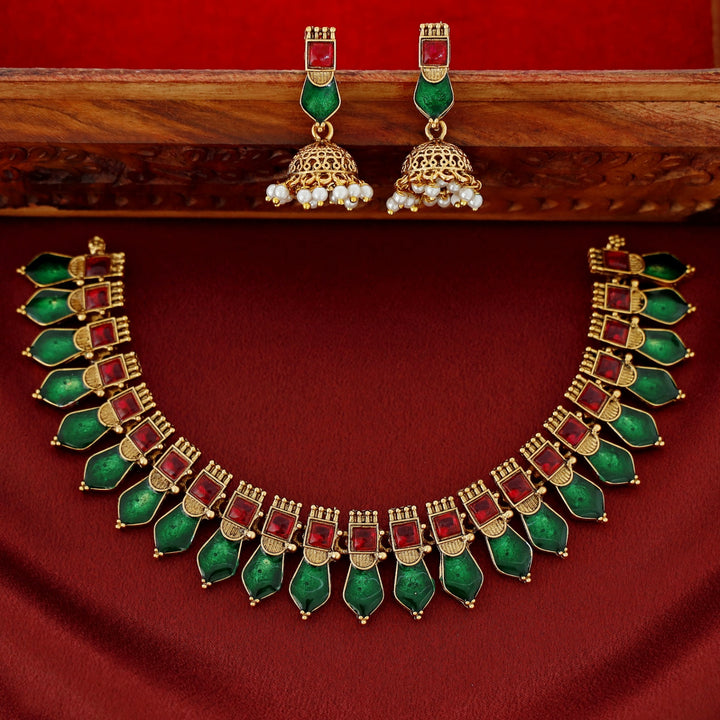 Apeksha Enamel Palakka Short Neckpiece With Earring