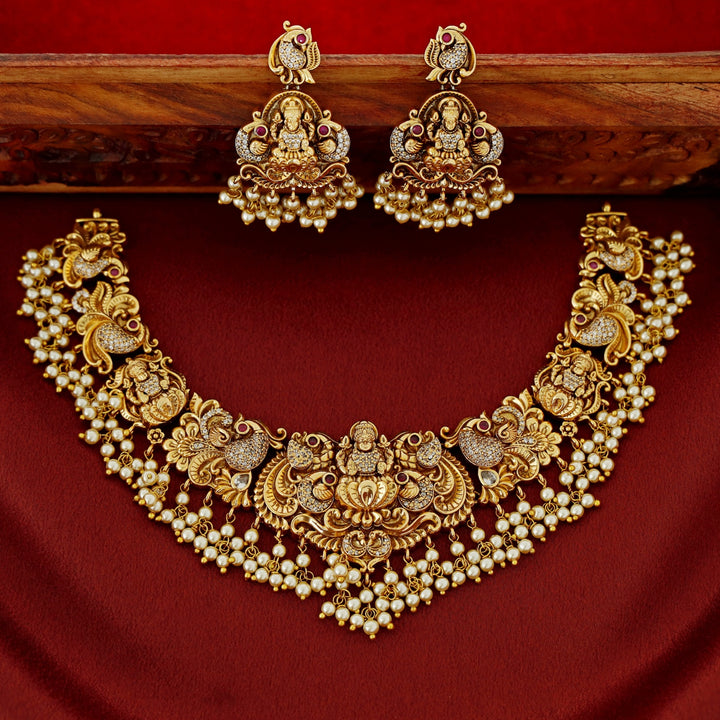 Premium Ayushi Pearl AD Stone Short Neckpiece With Earring