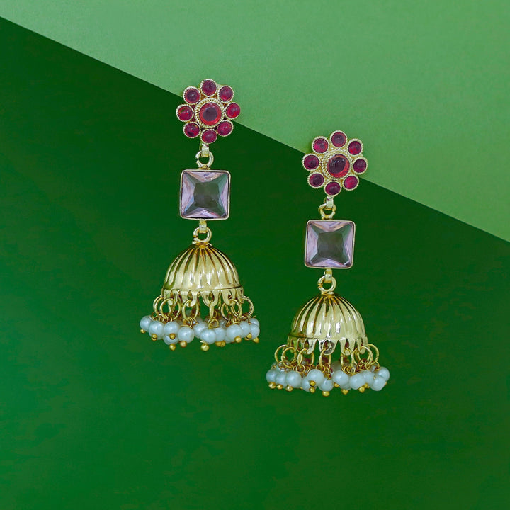 Muktha Golden Floral Glossy Stone Jhumka