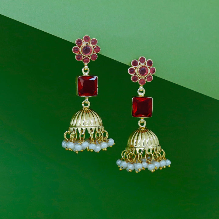 Muktha Golden Floral Glossy Stone Jhumka