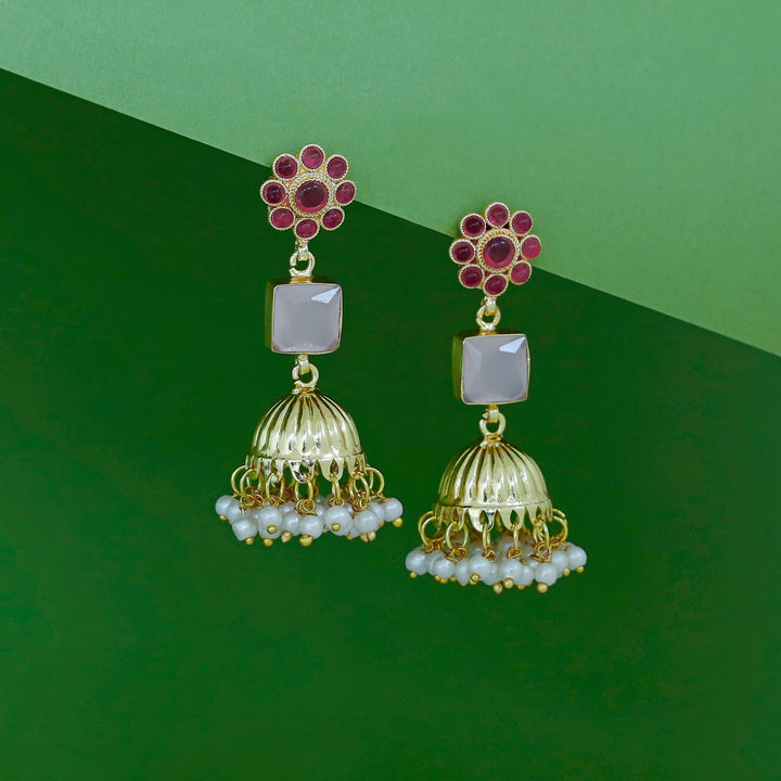 Muktha Golden Floral Glossy Stone Jhumka