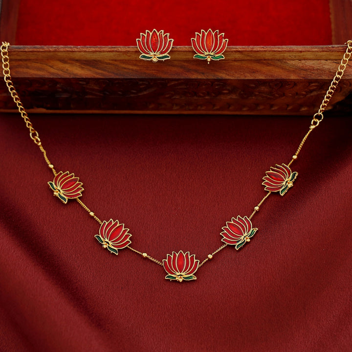 Golden Ball Advaita Enamel Lotus Short Neckpiece / Choker With Earring