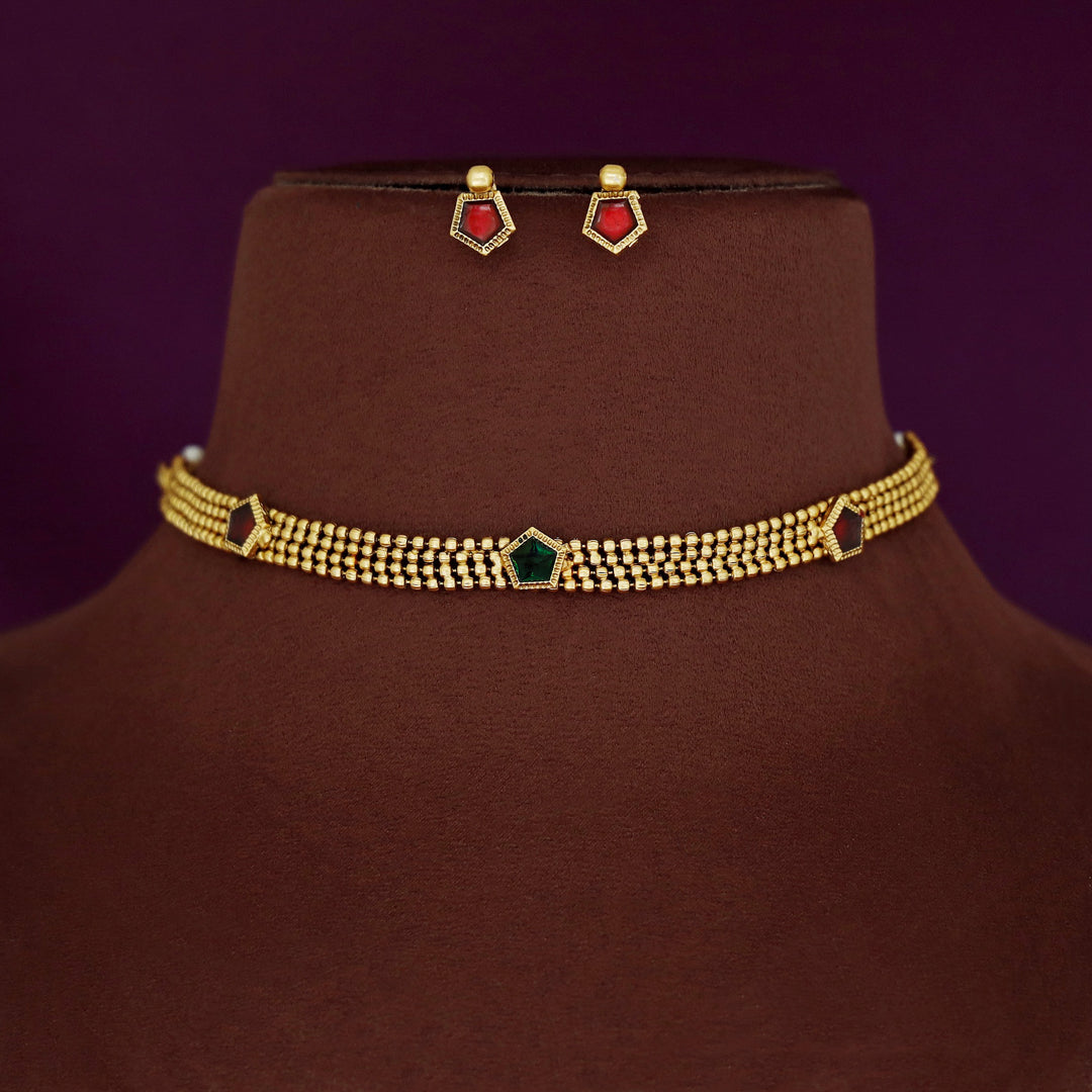 Nihari Golden Ball Enamel 3 Pentagon Choker With Stud
