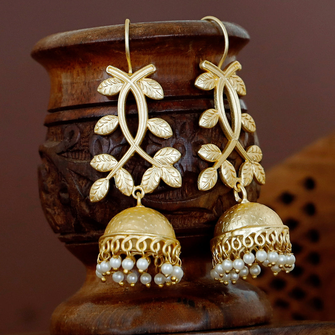 Onima Golden Leafy Pearl Jhumka Drop