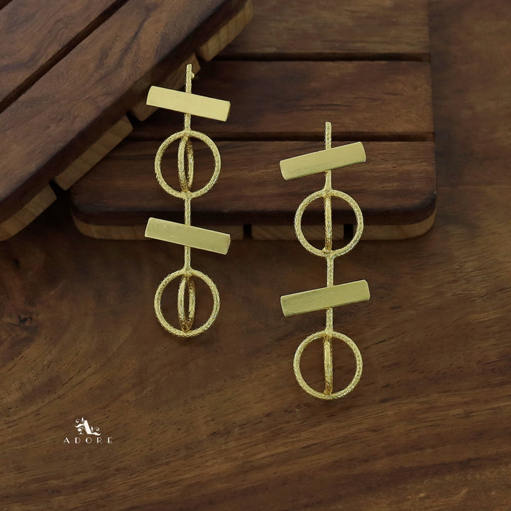 Dual Golden Textured Circle And Rectangle Earring