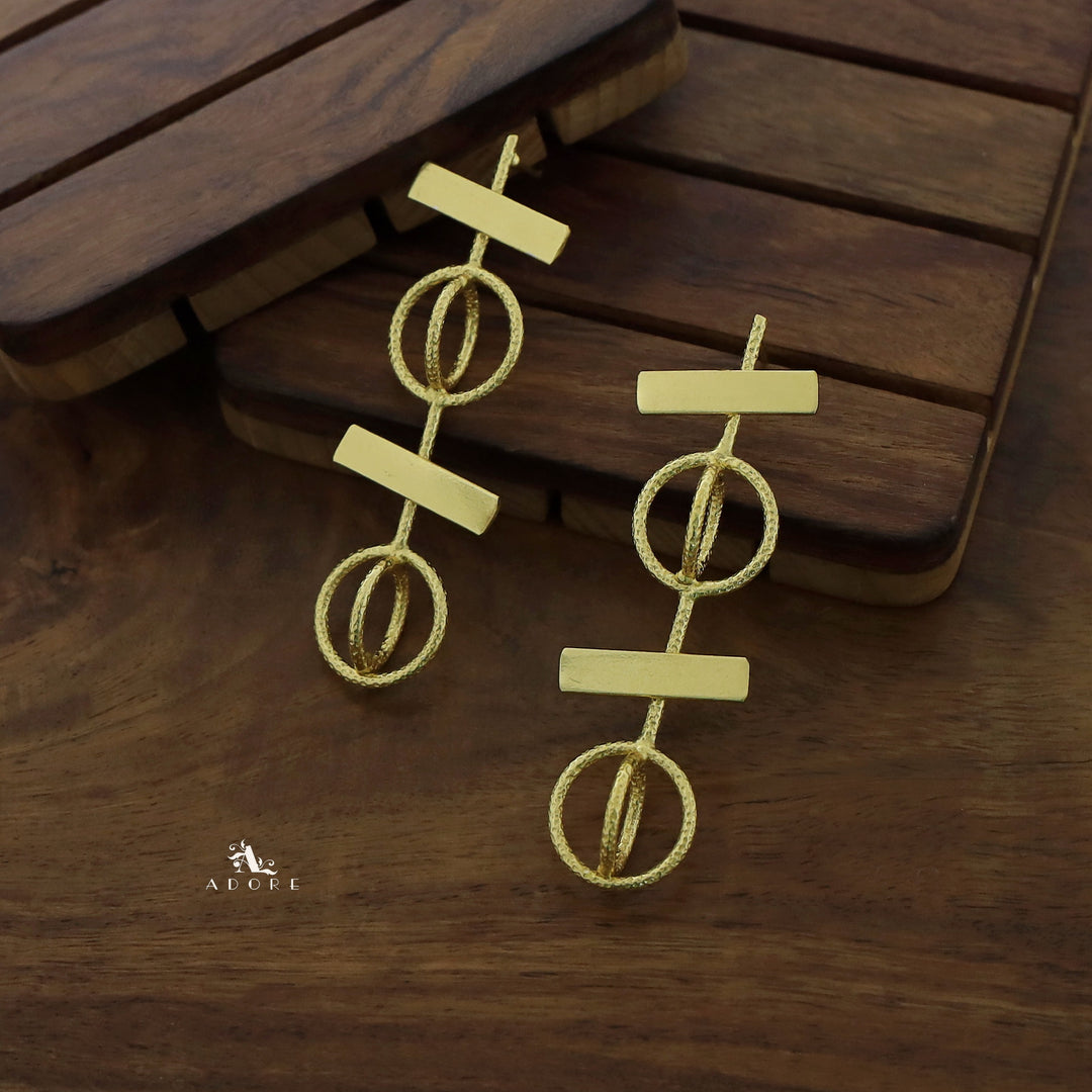 Dual Golden Textured Circle And Rectangle Earring