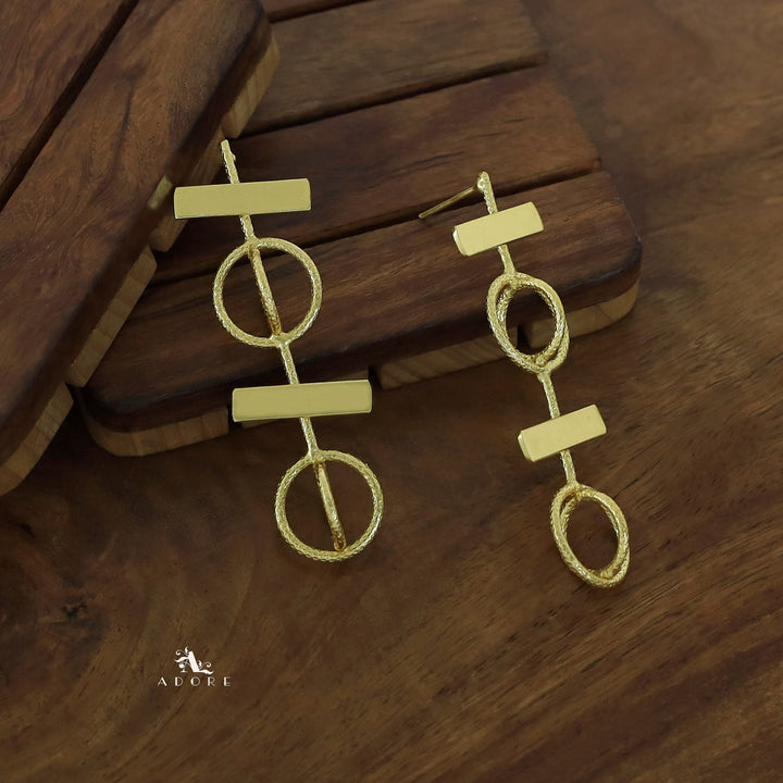Dual Golden Textured Circle And Rectangle Earring