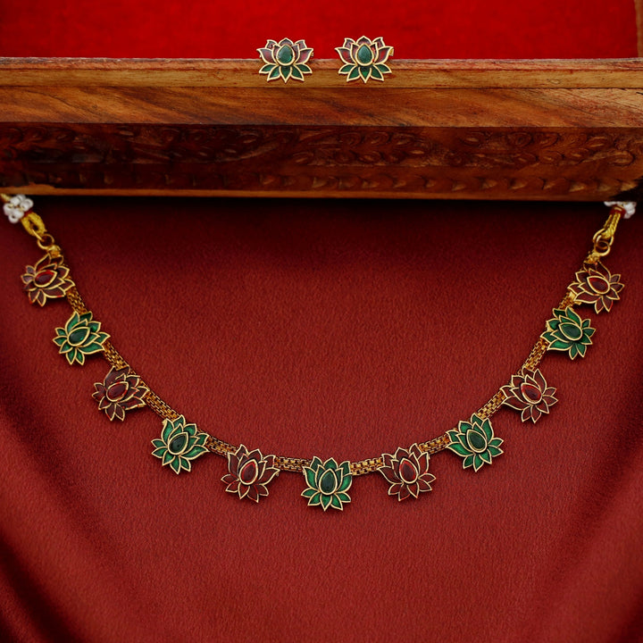 Padmalaya Lotus Short Neckpiece With Earring