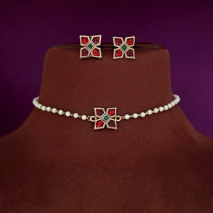 Bhaavini Pearl Square Floral Choker With Earring