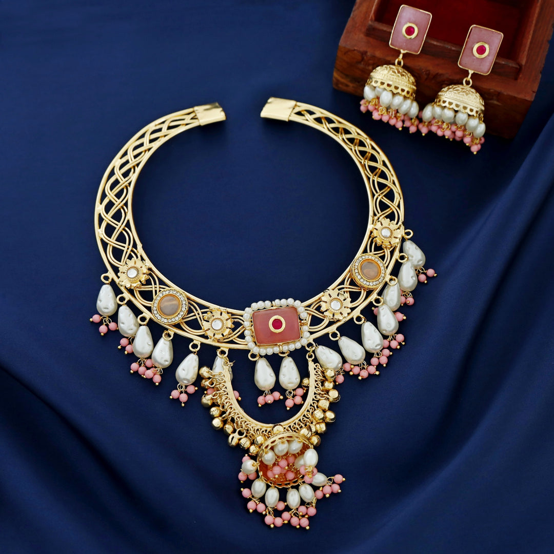 Barnali Pearl Beaded Ghungroo Jhumka Neckcuff With Earring
