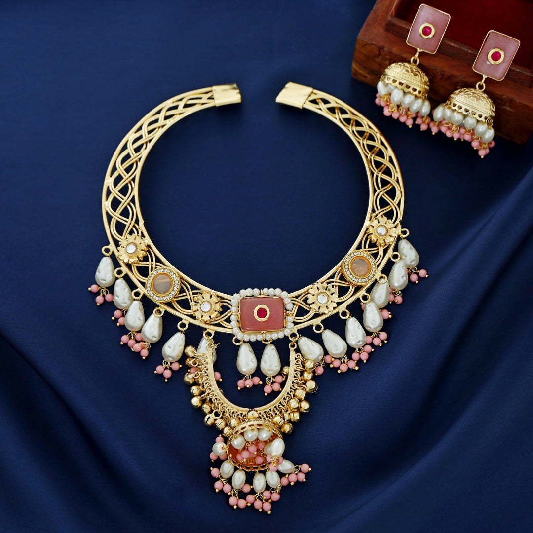 Barnali Pearl Beaded Ghungroo Jhumka Neckcuff With Earring