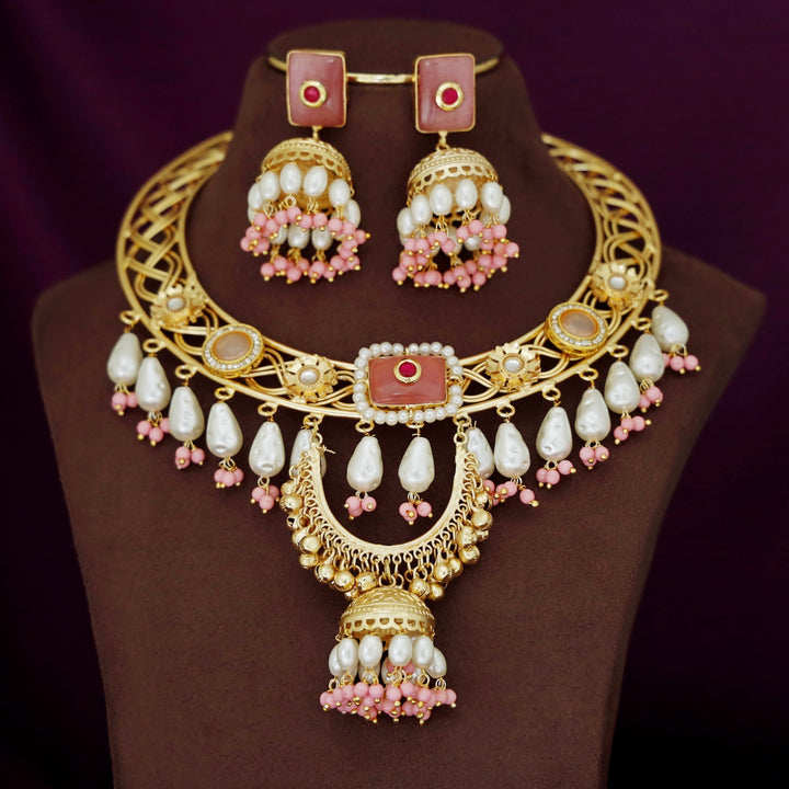 Barnali Pearl Beaded Ghungroo Jhumka Neckcuff With Earring
