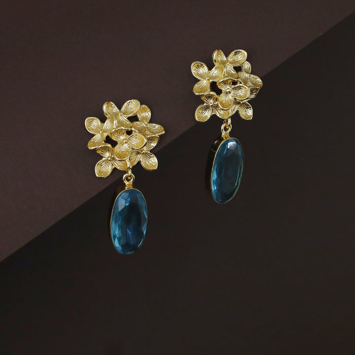 Golden Flower Bunch Oval Glossy Stone Earring