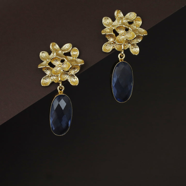 Golden Flower Bunch Oval Glossy Stone Earring