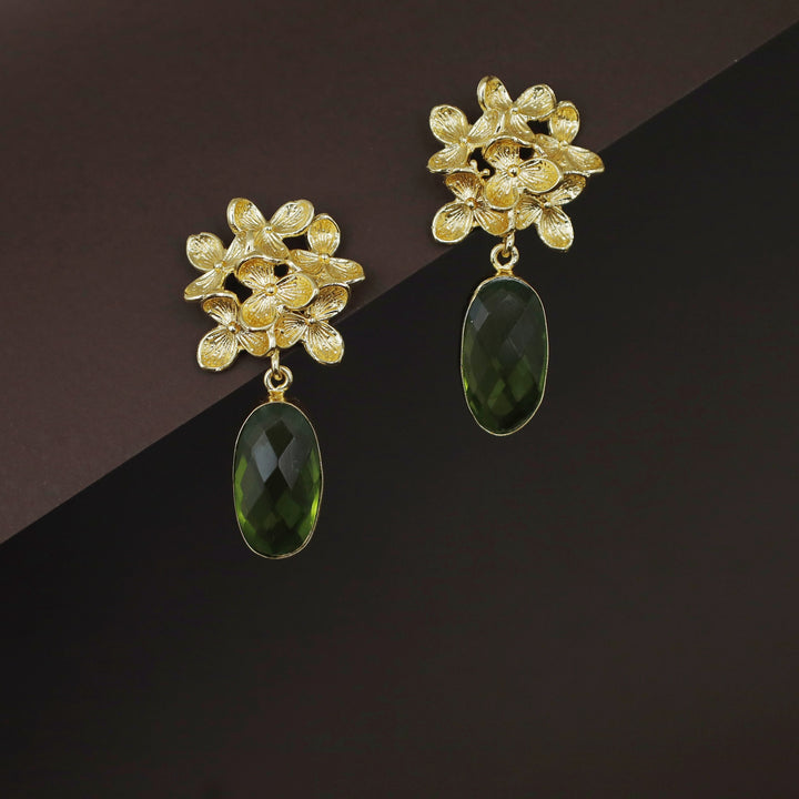 Golden Flower Bunch Oval Glossy Stone Earring