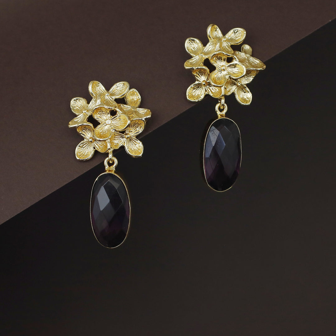 Golden Flower Bunch Oval Glossy Stone Earring