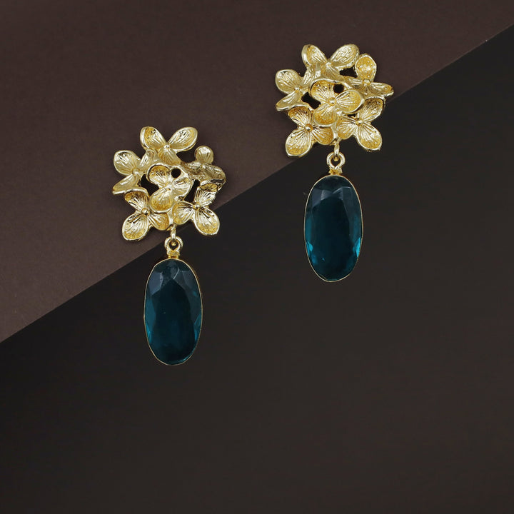 Golden Flower Bunch Oval Glossy Stone Earring