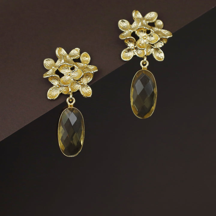 Golden Flower Bunch Oval Glossy Stone Earring