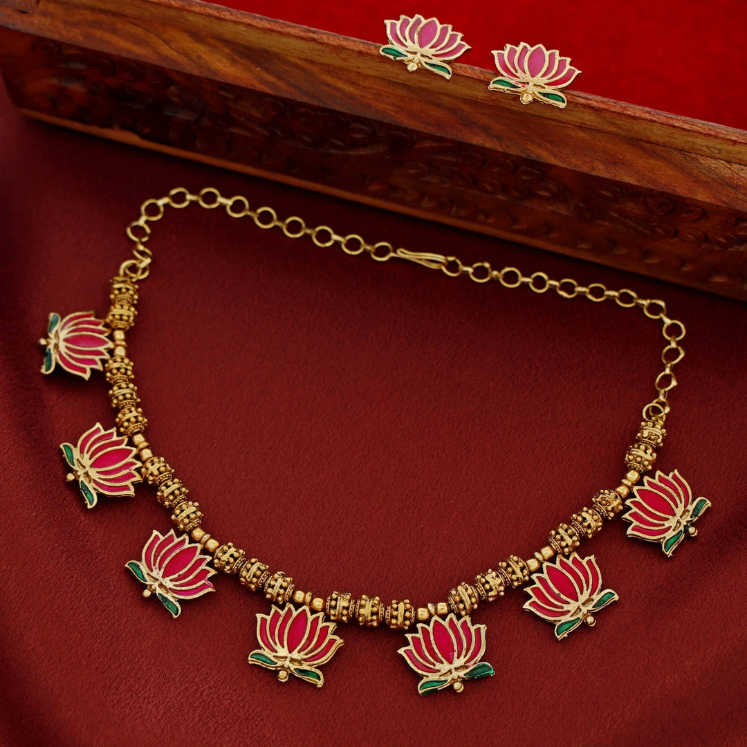 Advaita Golden Bead Enamel Lotus Short Neckpiece With Earring