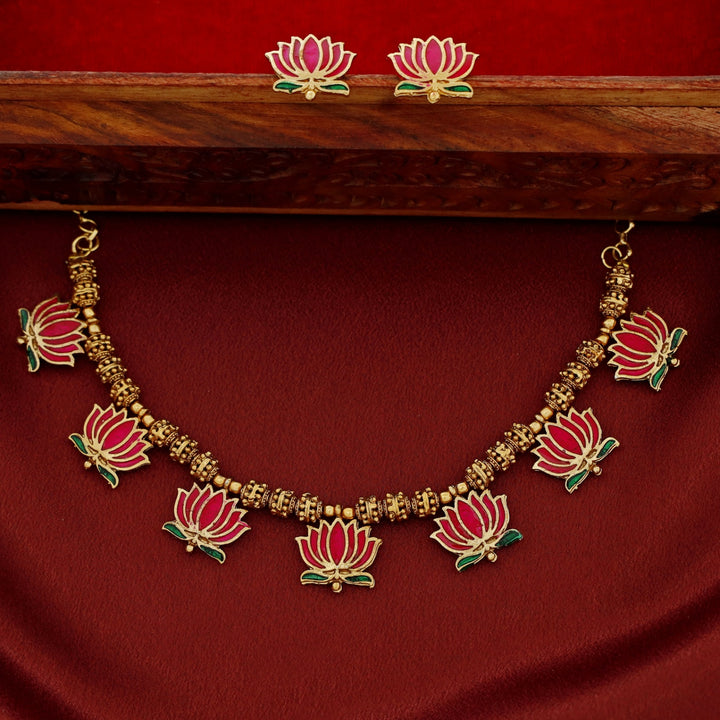 Advaita Golden Bead Enamel Lotus Short Neckpiece With Earring