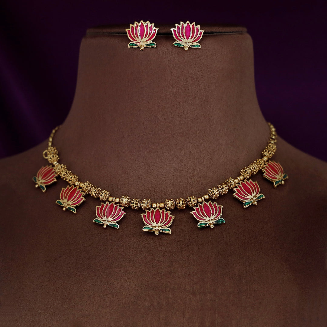 Advaita Golden Bead Enamel Lotus Short Neckpiece With Earring