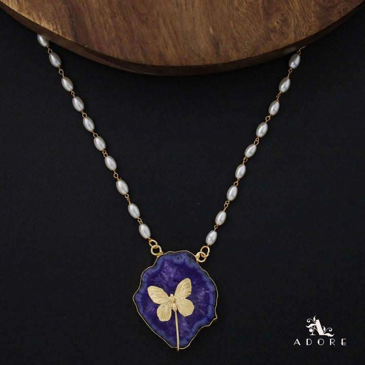 Rice Pearl Long Agate Golden Papillon Neckpiece