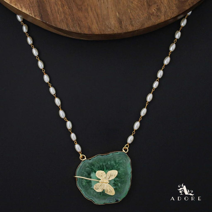 Rice Pearl Long  Agate Golden Papillon Neckpiece