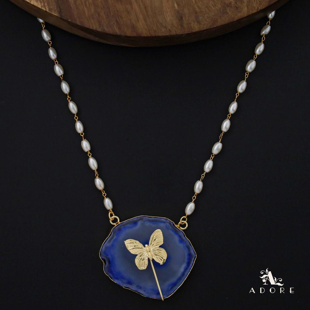 Rice Pearl Long Agate Golden Papillon Neckpiece