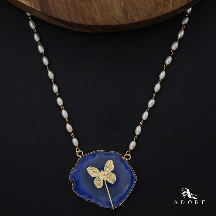 Rice Pearl Long Agate Golden Papillon Neckpiece