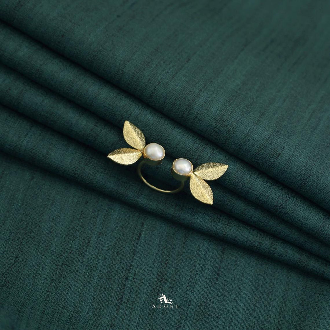 Golden Textured Leaf + Dual Pearl Ring
