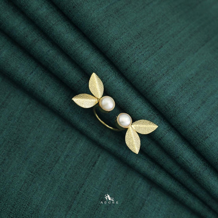 Golden Textured Leaf + Dual Pearl Ring