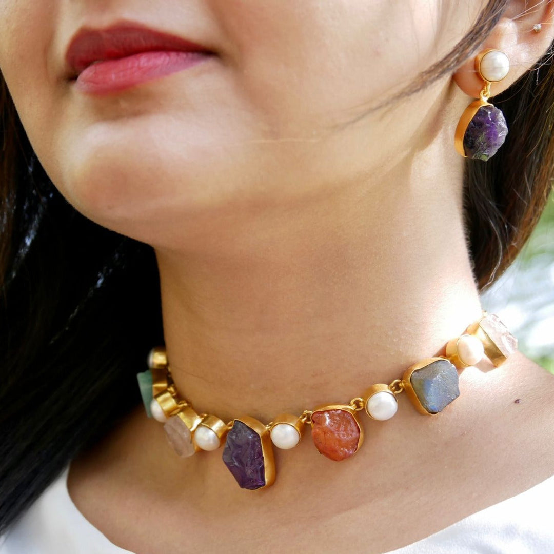 Pegasus Rugged Stone Neckpiece With Earring