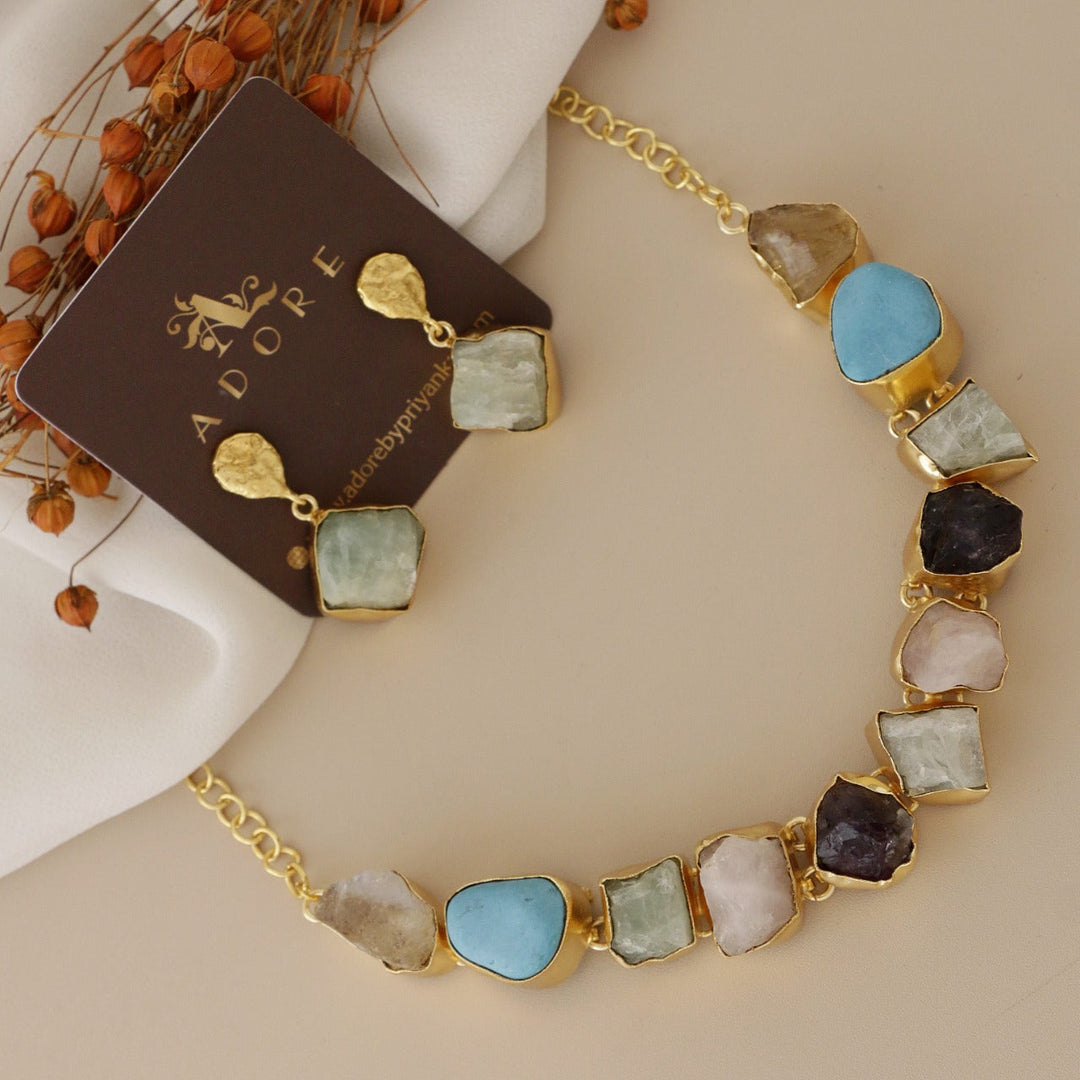 Xara Raw Stone Short Neckpiece With Earring