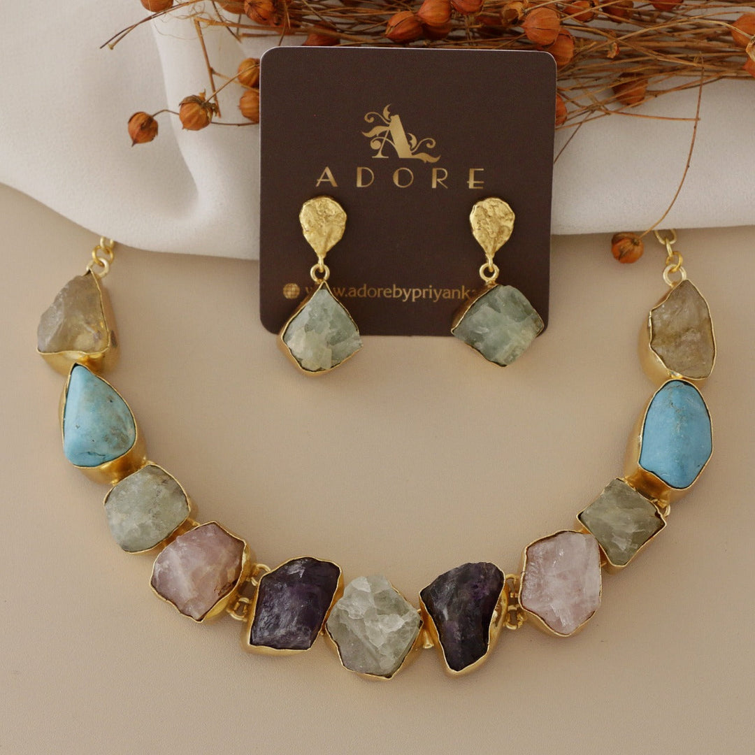 Xara Raw Stone Short Neckpiece With Earring