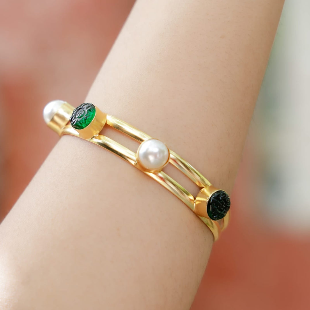 Dual Layer Carved + Pearl Round Bangle