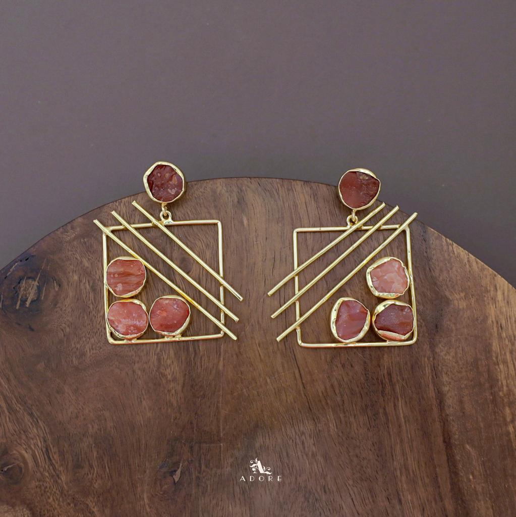 Golden Square Triple Line Raw Stone Earring